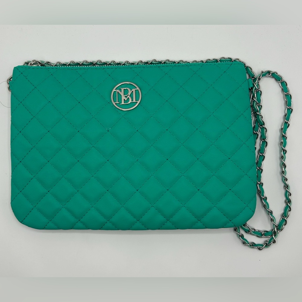 New Badgley Mischka Teal Large Chain Quilted Crossbody Wallet